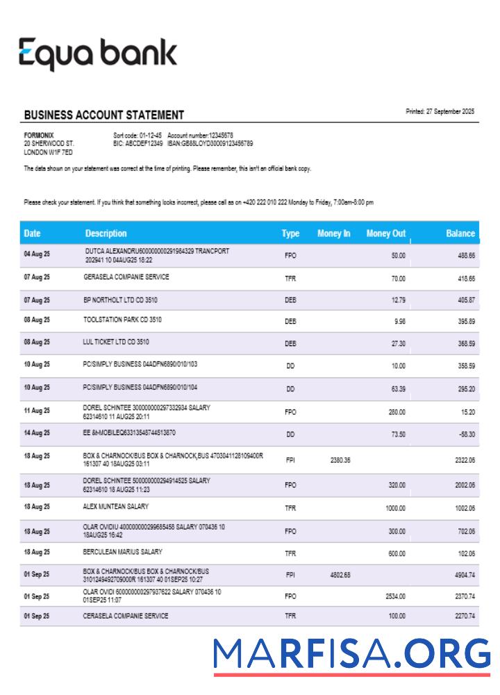 Downloadable Equabank bank firm account statement Word and PDF template